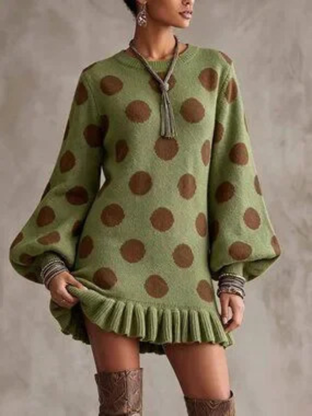 Green Casual Women's Polka-Dot Loose Fit Long Pullover Sweater dress